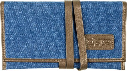 astuccio porta tabacco sciolto in pelle marrone e jeans con laccio