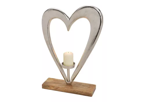 portacandele a cuore con base in legno